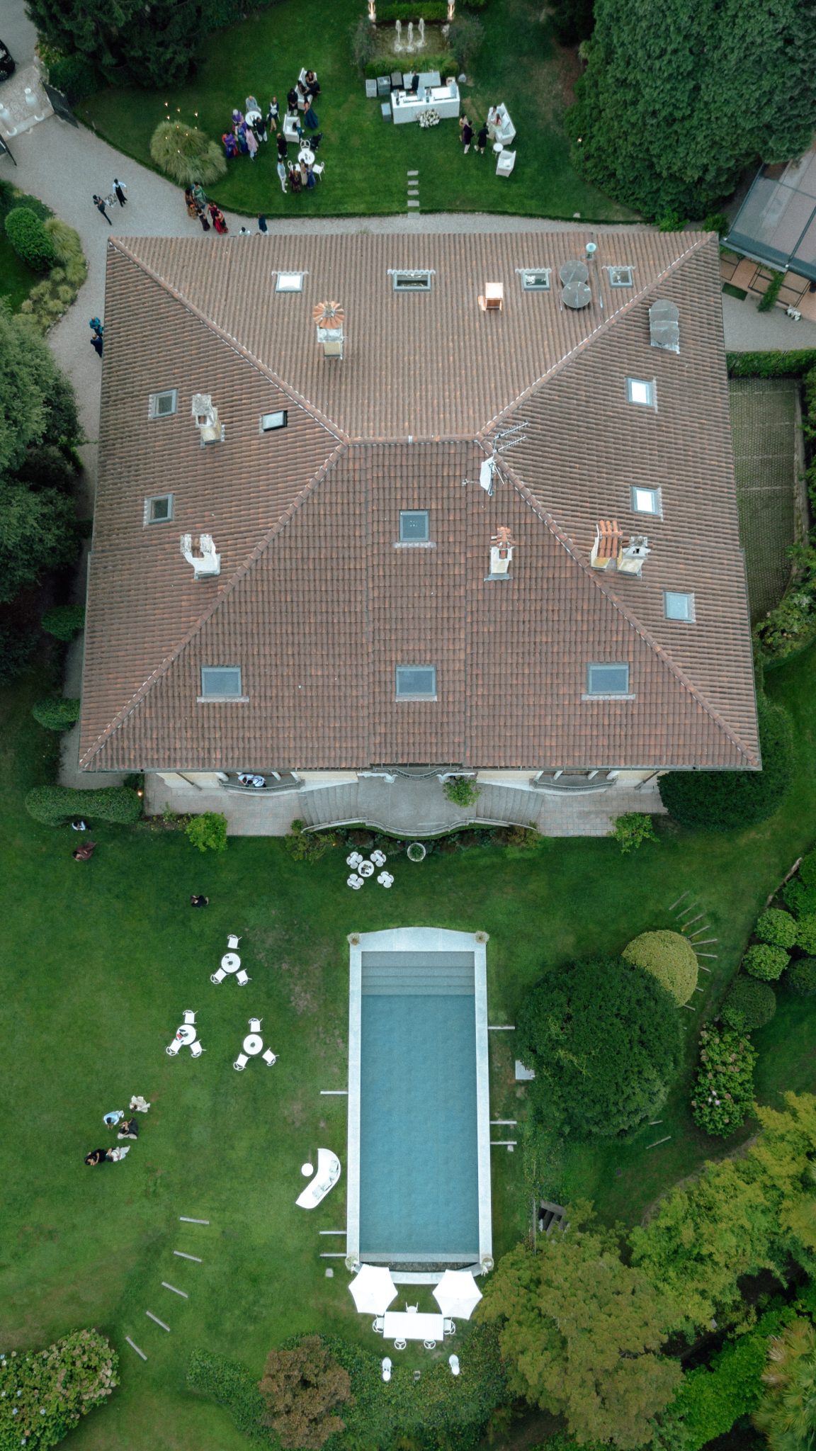 Aerial view of Villa Frua with garden and pool, Stresa