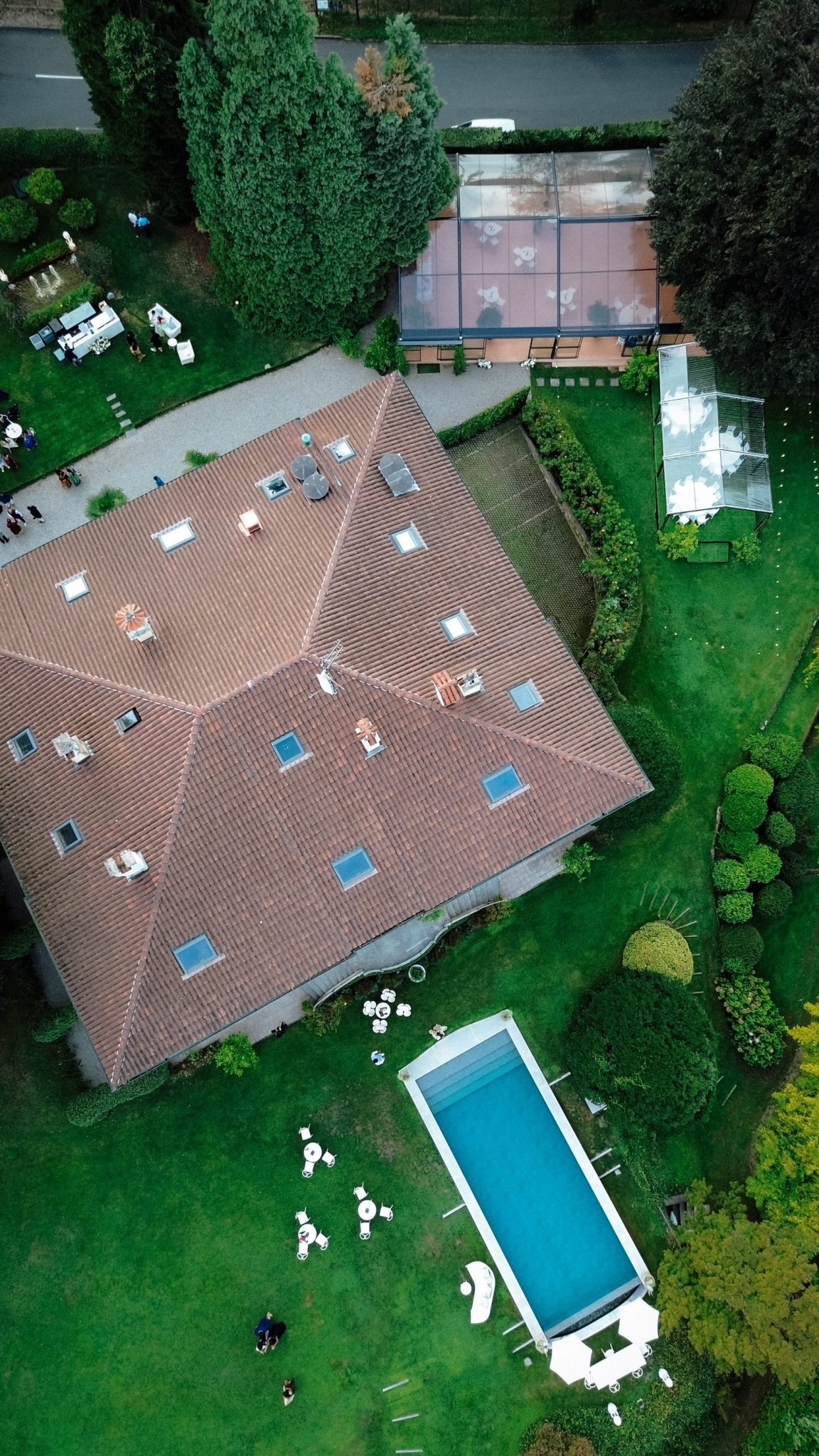 Aerial view of the villa roof, garden and pool