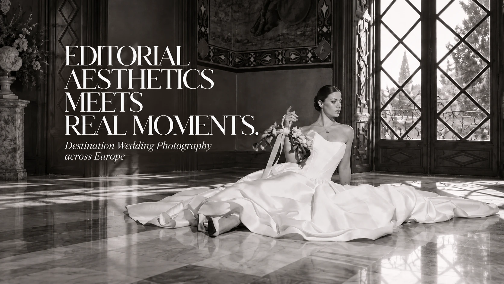 Editorial aesthetics meets real moments. Destination wedding photography across Europe. A bride in a white gown sitting on a marble floor in a historic hall.